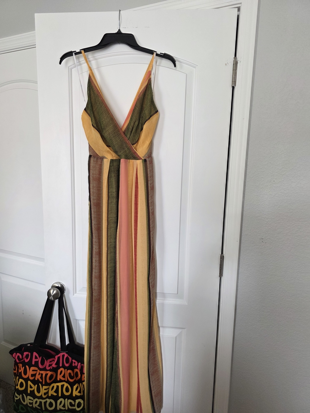 Lulu's Striped V-Neck Jumpsuit in Yellow, Olive, Brown and Coral